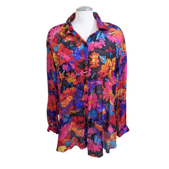 Vintage Judith Ann Plus Silk Button Tunic Blouse Sheer Plus 3X Embellished Bold - Picture 1 of 9